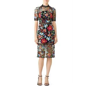 Vone Blushing Floral Black Embroidered Short Sleeve Sheath Dress Women's Size 0